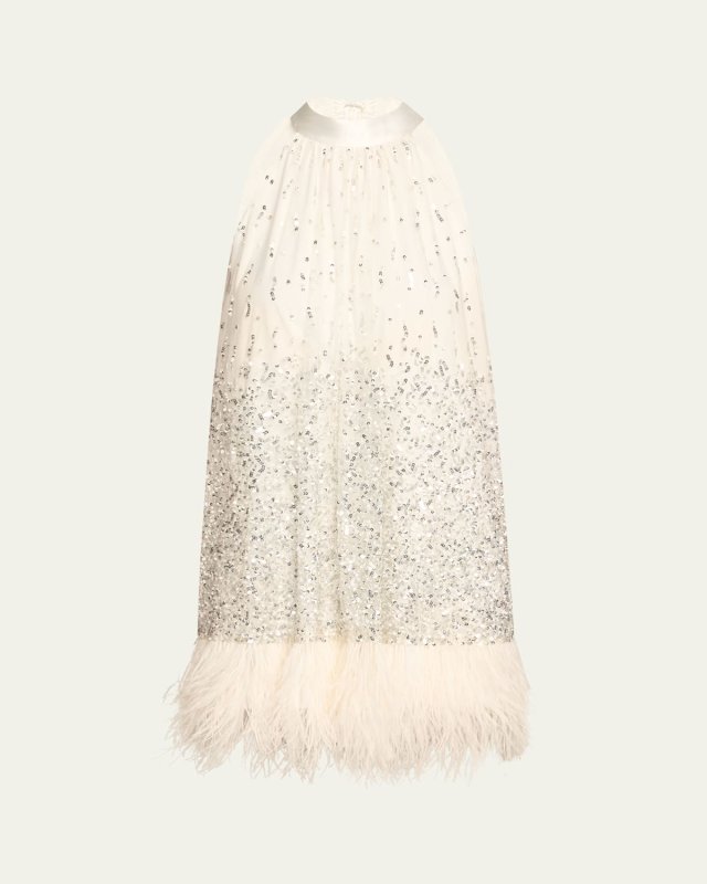 Erna Sequined Feather-Trim Mini Dress